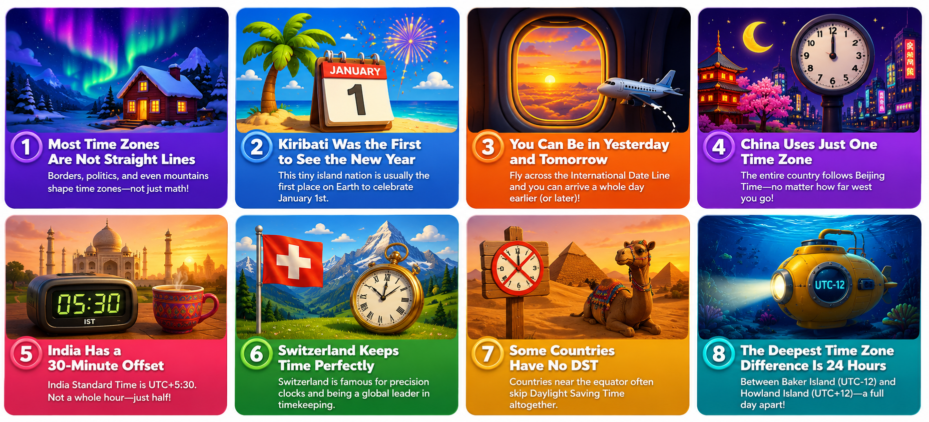 Colorful time zone fun facts infographic