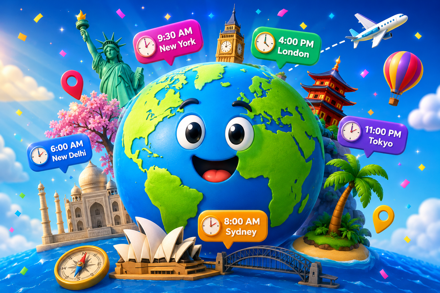 Fun cartoon world time zones illustration