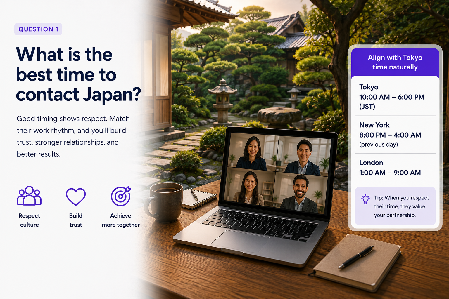Laptop meeting with Japan garden view showing best time to contact Japan across Tokyo, New York, and London