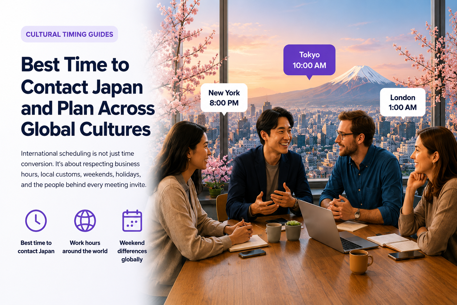 Global team collaborating with Japan timing, Tokyo scenery, and meeting time labels