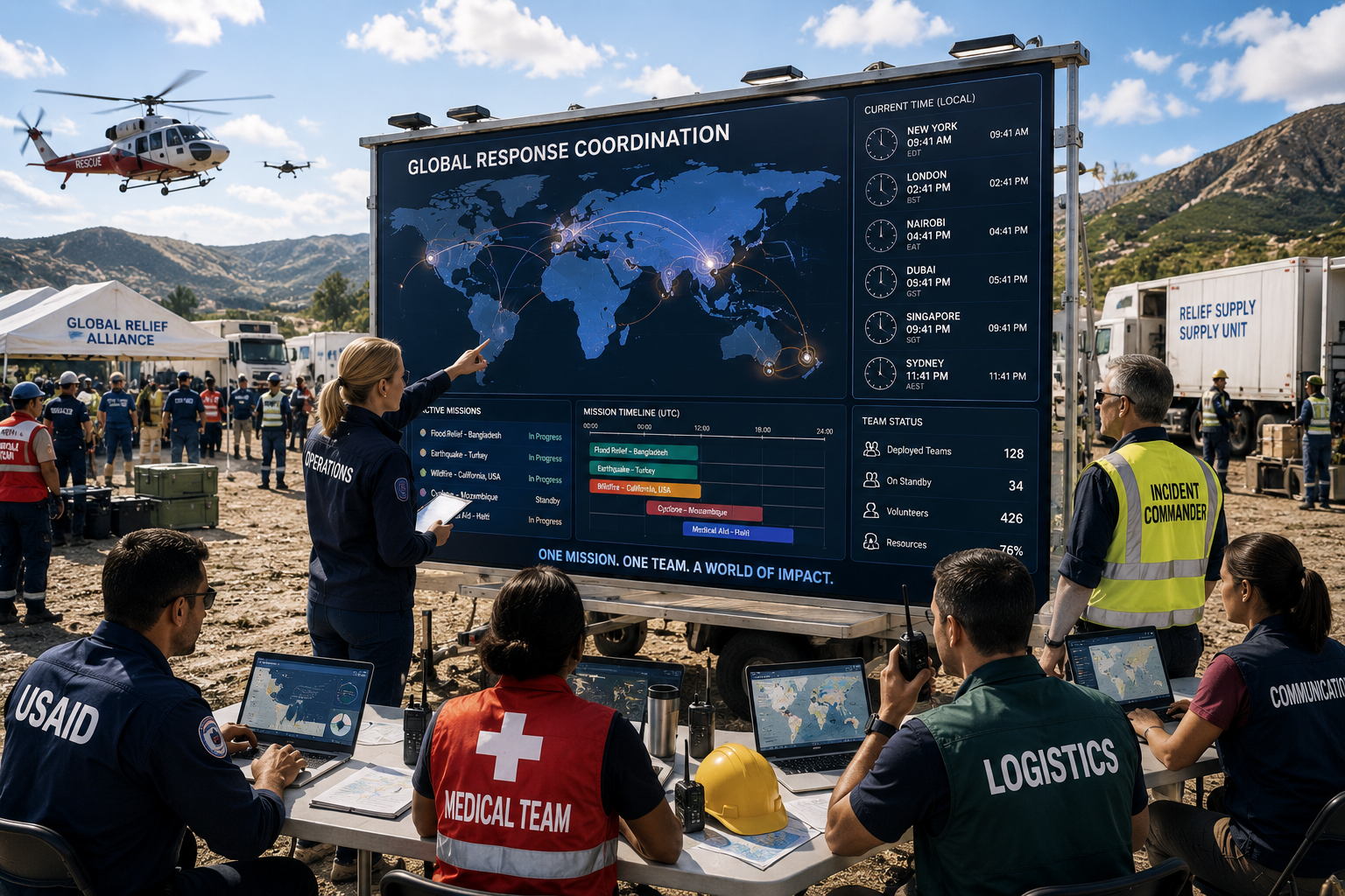 Global response teams coordinating across regions with a shared information board