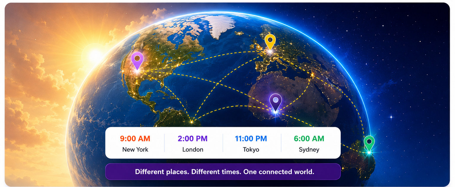 Glowing earth showing global connection across time zones