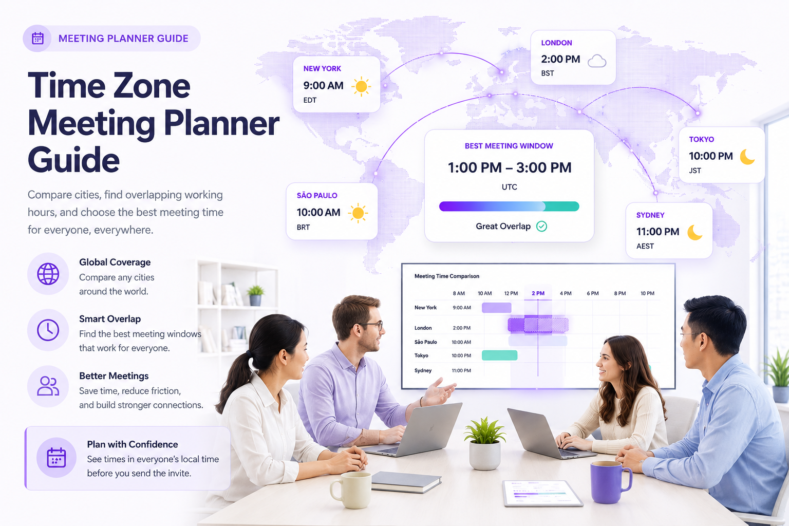 Time zone meeting planner with global city times and best meeting window