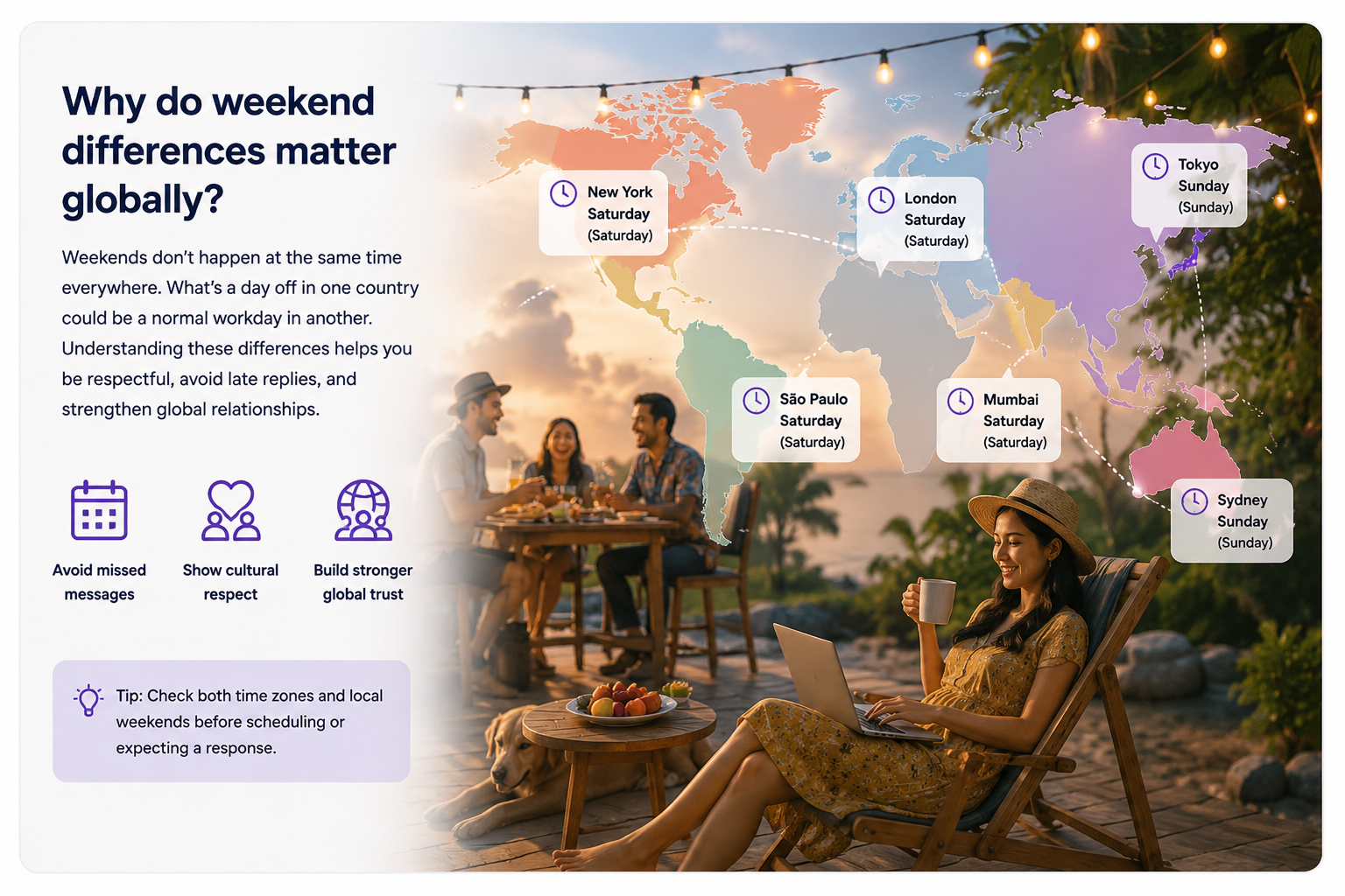 Global weekend differences map with people relaxing and time labels across New York, London, Tokyo, Mumbai, Sydney, and São Paulo