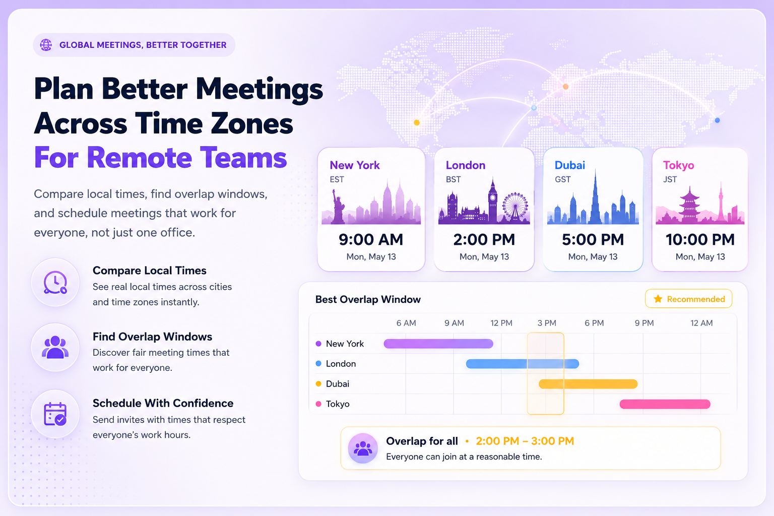 Remote team scheduling dashboard showing time zone planning